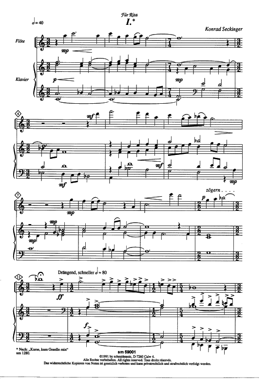 Drei Dialoge uuml ber alte Minnelieder (Alt- Querfl ouml te + Klavier) (Klavier  Querfl te) von Konrad Seckinger