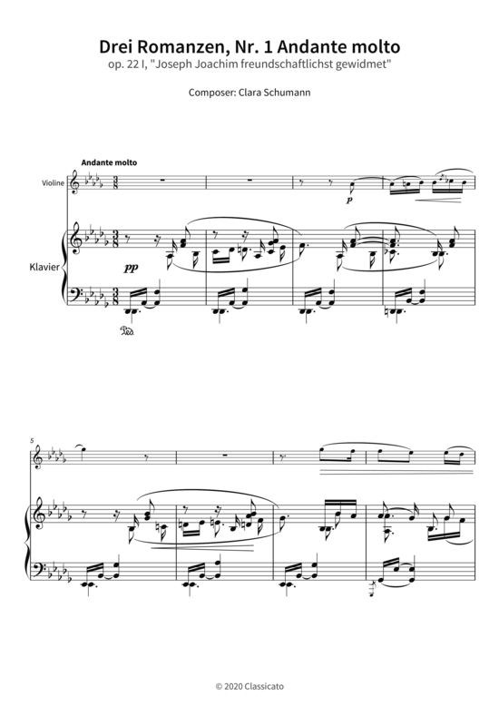 Drei Romanzen Nr. 1 Andante molto - op. 22 I Joseph Joachim freundschaftlichst gewidmet (Violine + Klavier) (Klavier  Violine) von Clara Schumann