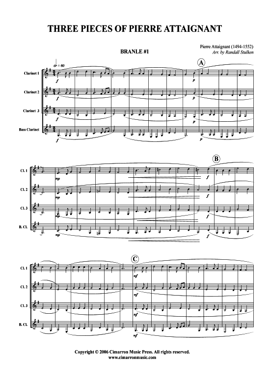 Drei St uuml cke von Pierre Attaignant (Klarinetten-Quartett) (Quartett (Klarinette)) von Pierre Attaignant