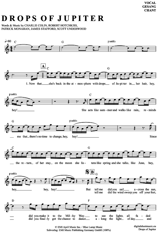 Drops of Jupiter Gesang PDF Noten von Train in C Dur 7040340