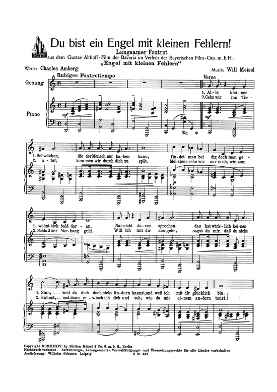 Du bist ein Engel mit kleinen Fehlern Klavier + Gesang PDF Noten von aus Engel mit kleinen Film