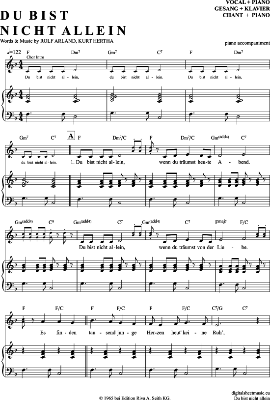 Du Bist Nicht Allein Klavier Begleitung + Gesang PDF Noten von Roy Black in F Dur 7070924