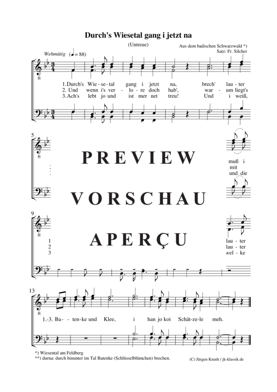 Durch s Wiesetal gang i jetzt na (Untreue) (M nnerchor) (M nnerchor) von Unbekannt Satz Satz Fr. Silcher