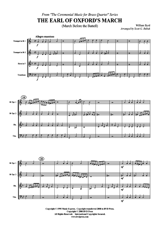 Earl of Oxford s March (2xTromp in B Horn in F (Pos) Pos) (Quartett (Blech Brass)) von William Byrd (arr. Bubak)