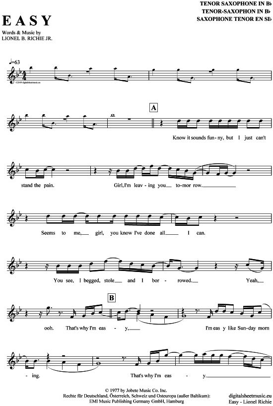 Easy (Tenor-Sax) (Tenor Saxophon) von Lionel Richie - The Commodores