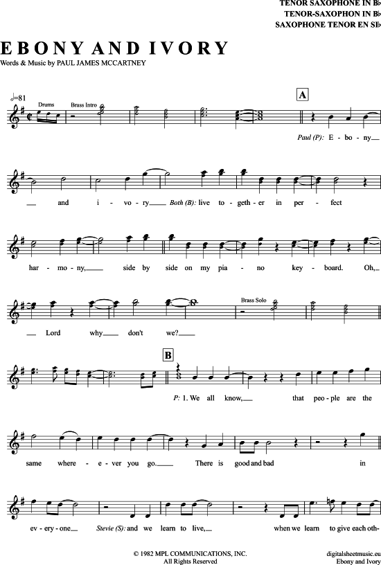 Ebony And Ivory (Tenor-Sax) (Tenor Saxophon) von Paul Mccartney Stevie Wonder