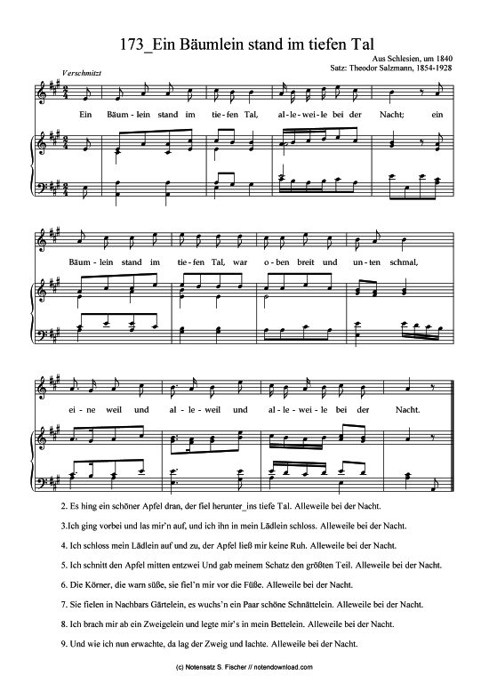 Ein B umlein stand im tiefen Tal (Klavier + Gesang) (Klavier  Gesang) von Aus Schlesien um 1840 Satz Theodor Salzmann 1854-1928 