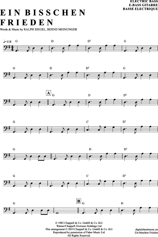 Ein Bisschen Frieden E-Bass - PDF Noten von Nicole in G Dur - 7140494