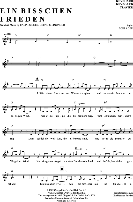 Ein Bisschen Frieden Keyboard PDF Noten von Nicole in G Dur 7060516 Ein Bisschen Frieden Keyboard PDF Noten von Nicole in G Dur 7060516