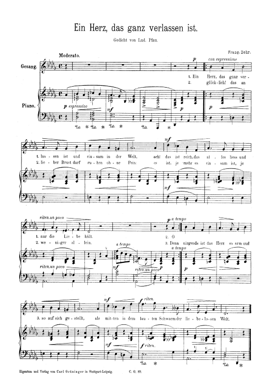 Ein Herz das ganzverlassen ist (Klavier + Gesang) (Klavier  Gesang) von Franz Behr