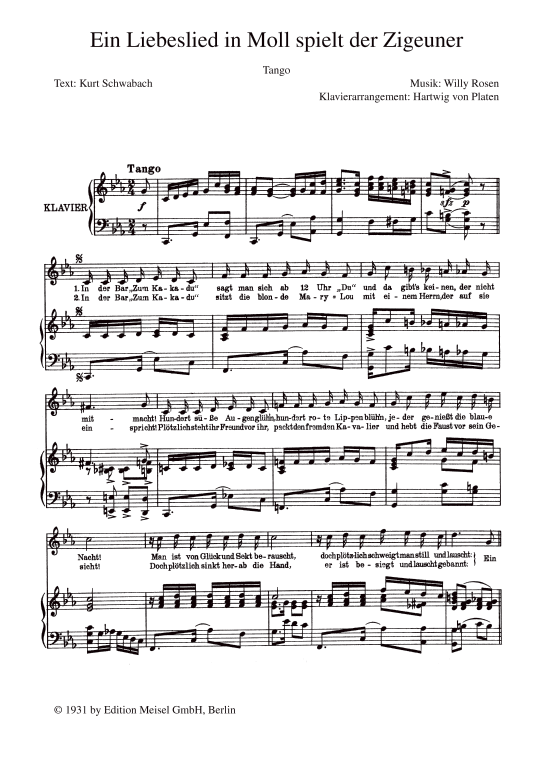 Ein Liebeslied in Moll spielt der Zigeuner (Klavier + Gesang) (Klavier Gesang  Gitarre) von 