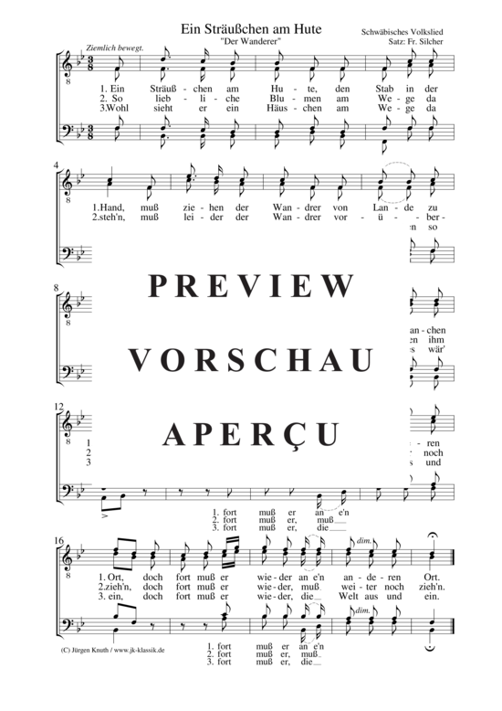 Ein Str u chen am Hute (Der Wanderer) (M nnerchor TTBB) (M nnerchor) von unbekannt  Satz Fr. Silcher 1789-1860