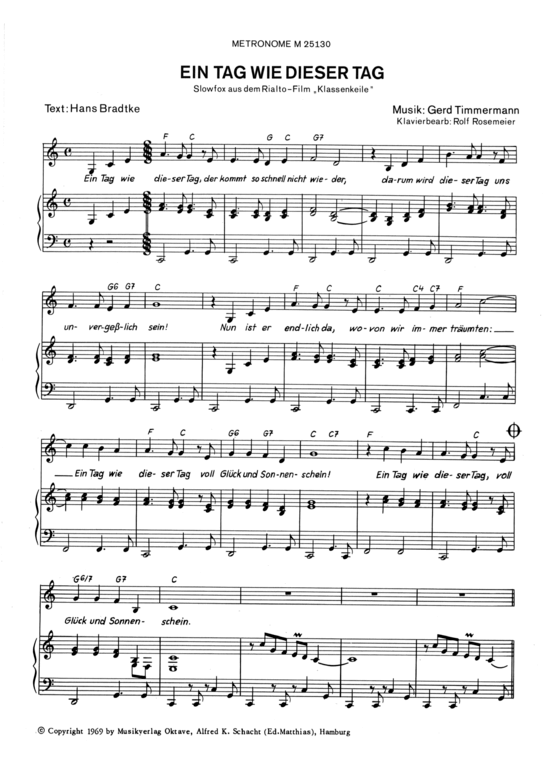 Ein Tag wie dieser Tag Klavier + Gesang PDF Noten von aus Klassenkeile Film 1969 in C Dur
