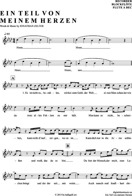 Ein Teil Von Meinem Herzen Noten Pdf Ein Teil Von Meinem Herzen Blockflöte - PDF Noten von Jonathan Zelter