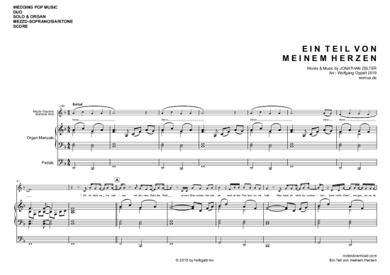 Ein Teil von meinem Herzen (Gesang Mezzo-Sopran Bariton + Orgel) (Orgel  Gesang) von Jonathan Zelter (arr. WO)
