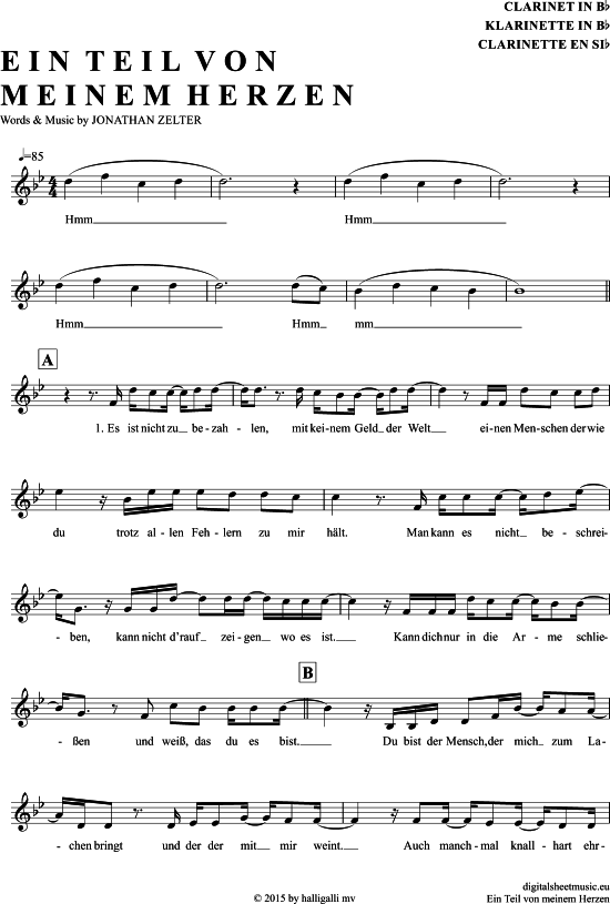Ein Teil Von Meinem Herzen (Klarinette in B) (Klarinette) von Jonathan Zelter