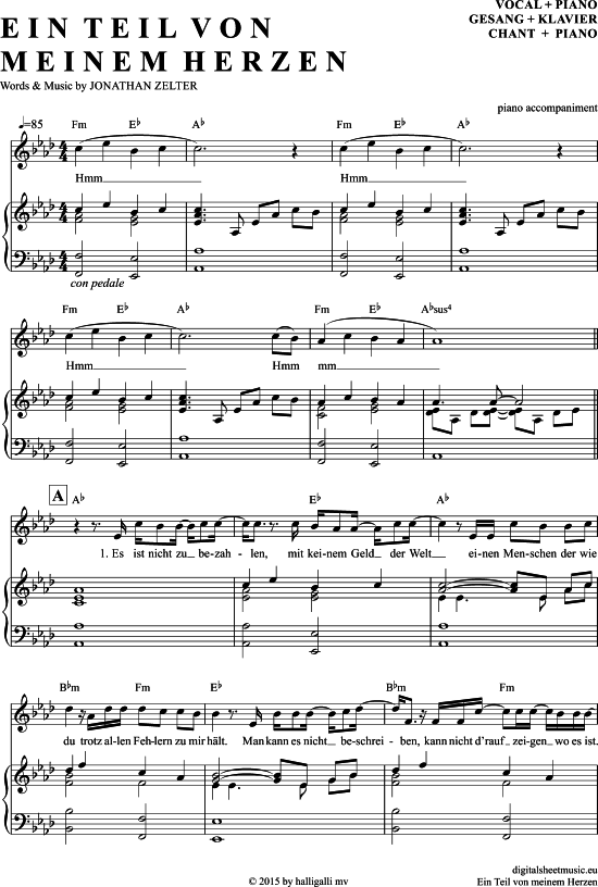 Ein Teil Von Meinem Herzen (Klavier Begleitung + Gesang) (Klavier Gesang  Gitarre) von Jonathan Zelter