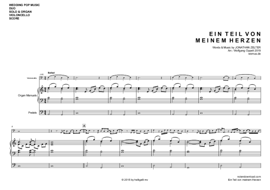 Ein Teil von meinem Herzen Violoncello + Orgel - PDF Noten von Jonathan