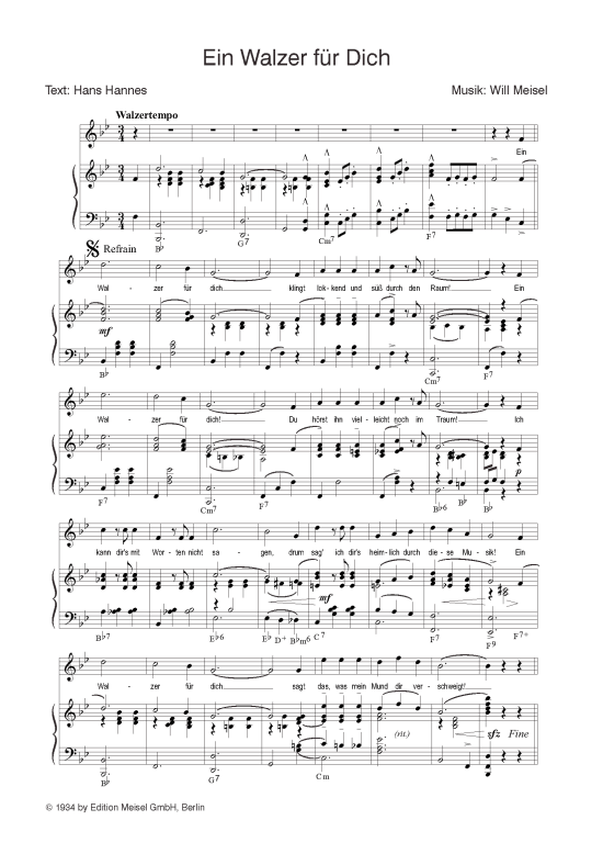 Ein Walzer f uuml r Dich (Klavier + Gesang) (Klavier Gesang  Gitarre) von Herbert Ernst Groh