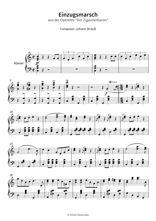Einzugsmarsch - aus der Operette Der Zigeunerbaron (Klavier Solo) (Klavier Solo) von Johann Strau szlig 