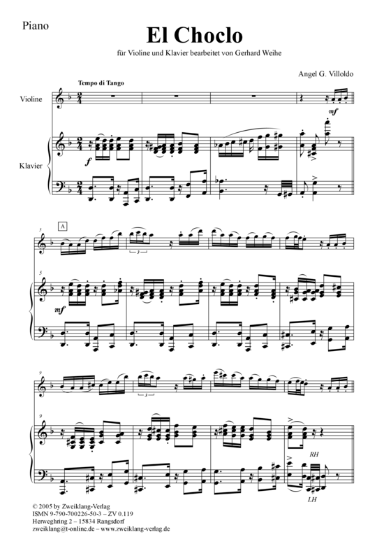 El choclo (Klavier + Violine) (Klavier  Violine) von Villoldo (Tango 2005)