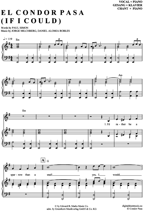 El Condor Pasa (If I Could) (Klavier + Gesang) (Klavier Gesang  Gitarre) von Simon amp Garfunkel