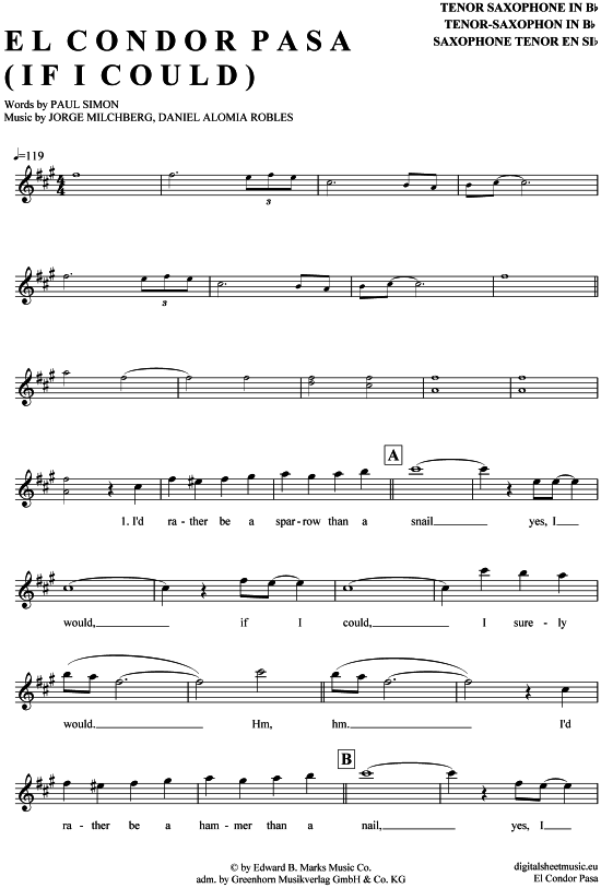 El Condor Pasa (If I Could) (Tenor-Sax) (Tenor Saxophon) von Simon amp Garfunkel