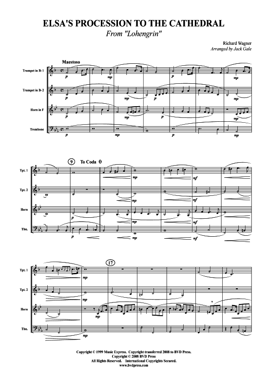 Elsa s Prozession zur Kathedrale (aus Lohengrin) (2xTromp in B Horn in F (Pos) Pos) (Quartett (Blech Brass)) von Richard Wagner