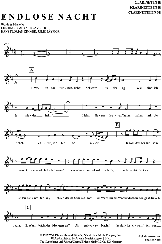 Endlose Nacht (Klarinette in B) (Klarinette) von K nig der L wen (Musical)