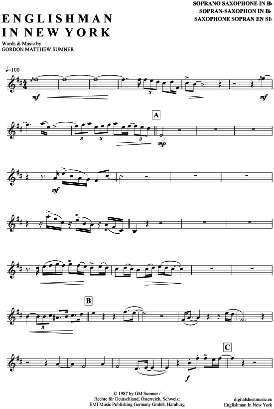 Englishman in New York - Originalstimme (Sopran-Sax) (Sopran Saxophon) von Sting