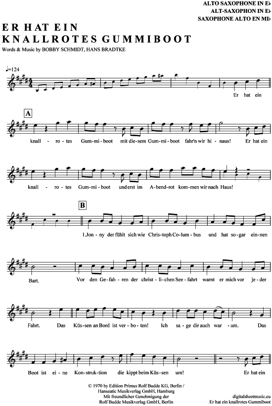 Er Hat Ein Knallrotes Gummiboot Alt-Sax - PDF Noten Von Wencke Myhre In