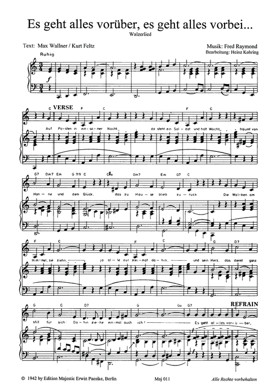 Es geht alles vorüber Klavier + Gesang PDF Noten von Lale Andersen in