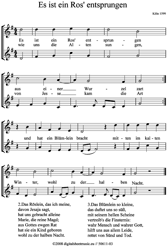 Es ist ein Ros entsprungen (2x Trompete in B) (Duett (Trompete)) von Weihnachtslied (sehr einfach)