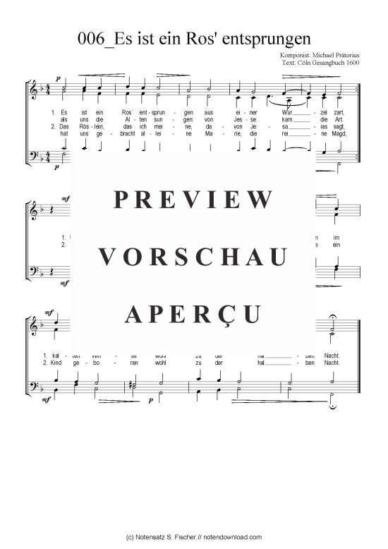 Es ist ein Ros entsprungen (Gemischter Chor) (Gemischter Chor) von Michael Pr torius  C ln Gesangbuch 1600
