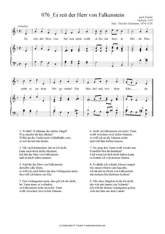 Es reit der Herr von Falkenstein (Klavier + Gesang) (Klavier  Gesang) von nach Herder Melodie 1539 