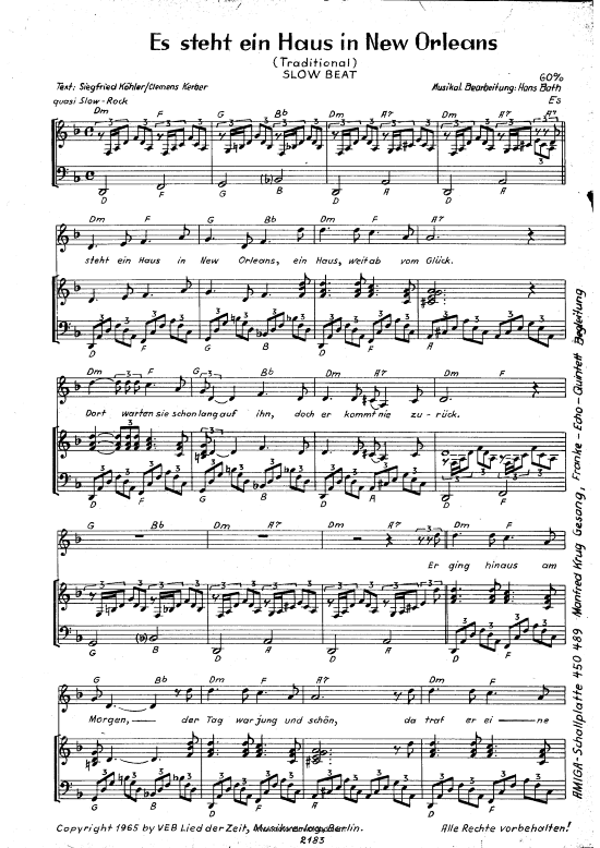 Es steht ein Haus in New Orleans PDF Noten von Manfred Krug in 2040180