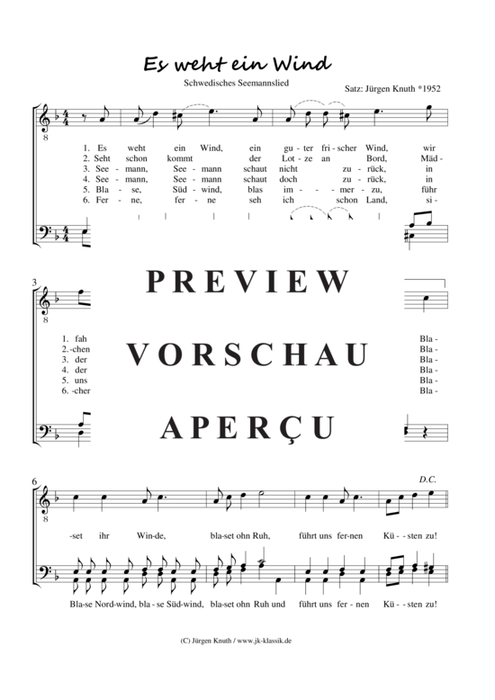 Es weht ein Wind (Schwedisches Seemannslied) (M nnerchor) (M nnerchor) von unbekannt Satz J rgen Knuth 