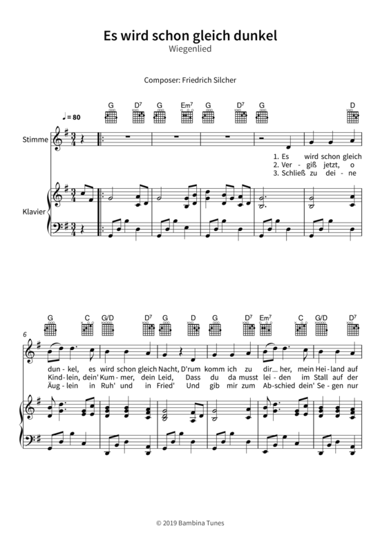 Es wird schon gleich dunkel Wiegenlied Gesang + Klavier, Gitarre