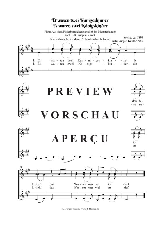 Et wasen twei Kunigeskinner (Es waren zwei K nigskinder) (Frauenchor SSA) (Frauenchor) von Unbekannt 17.JH  Satz J rgen Knuth 1952