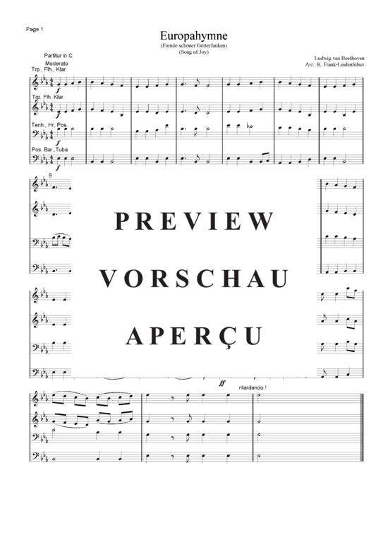 Europahymne (aus Ode an die Freude) (Blechbl ser Quartett flexible Besetzung) (Quartett (Blech Brass)) von Ludwig van Beethoven