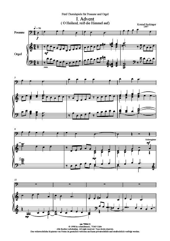 F uuml nf Choralspiele (Posaune + Orgel) (Orgel  Posaune) von Konrad Seckinger
