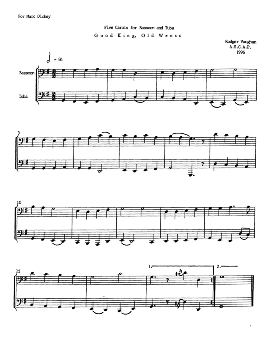 F uuml nf Weihnachtslieder (Duett f uuml r Fagott + Tuba) (Duett (2 St.)) von Traditional
