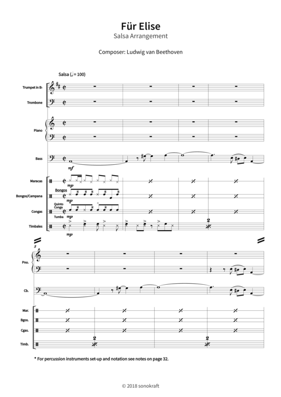 F uuml r Elise - Salsa Arrangement (Combo Band Perkussion + Bl auml ser) (Combo Band (mit 4 Bl ser)) von Ludwig van Beethoven