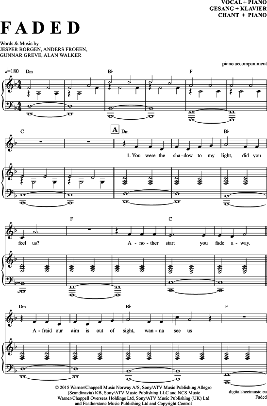 Faded (Klavier Begleitung + Gesang) (Klavier Gesang  Gitarre) von Alan Walker
