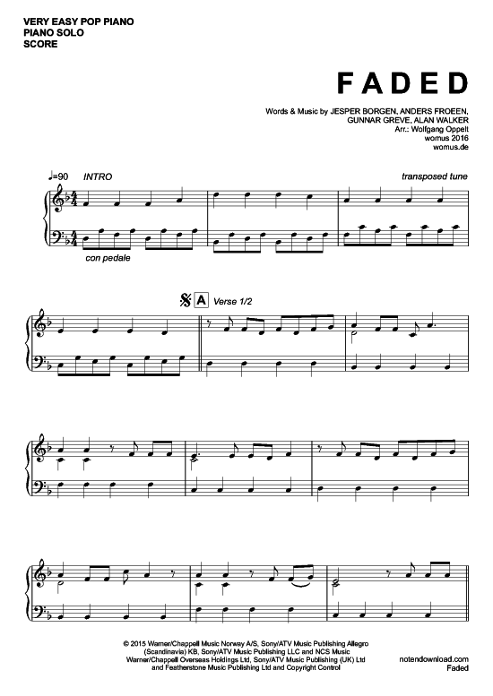 Faded Klavier sehr einfach - PDF Noten von Alan Walker in D Moll - WO513217