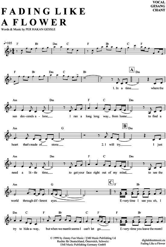 Fading like a flower Gesang PDF Noten von Roxette in F Dur 7040313