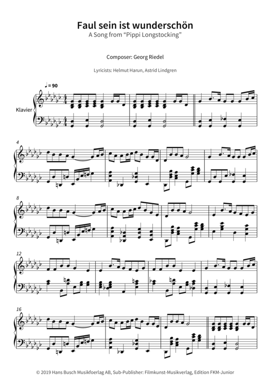 Faul sein ist wunderschön A Song from Pippi Longstocking Klavier Solo