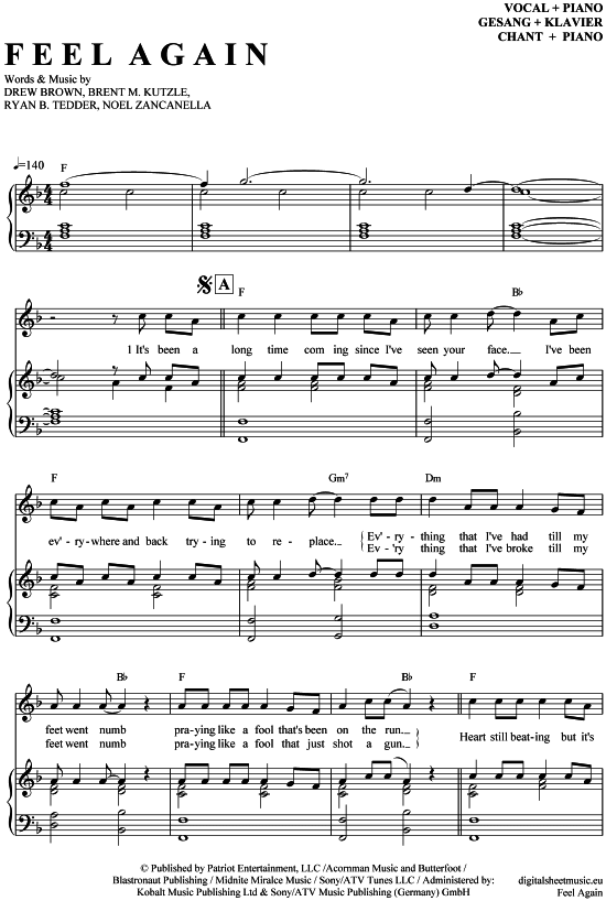 Feel again (Klavier + Gesang) (Klavier Gesang  Gitarre) von OneRepublic