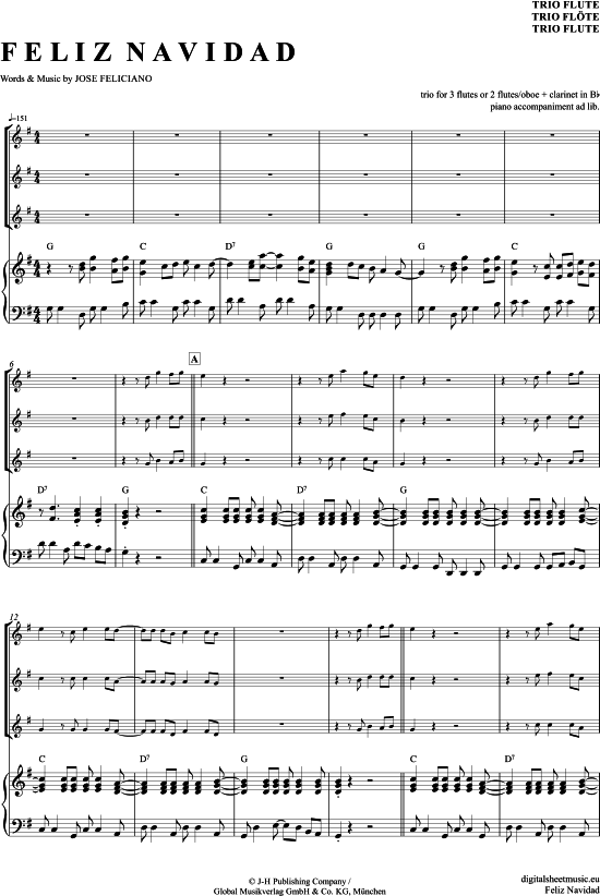 Feliz Navidad (Fl ouml ten Trio + Klavier) (Trio (Fl te)) von Jose Feliciano