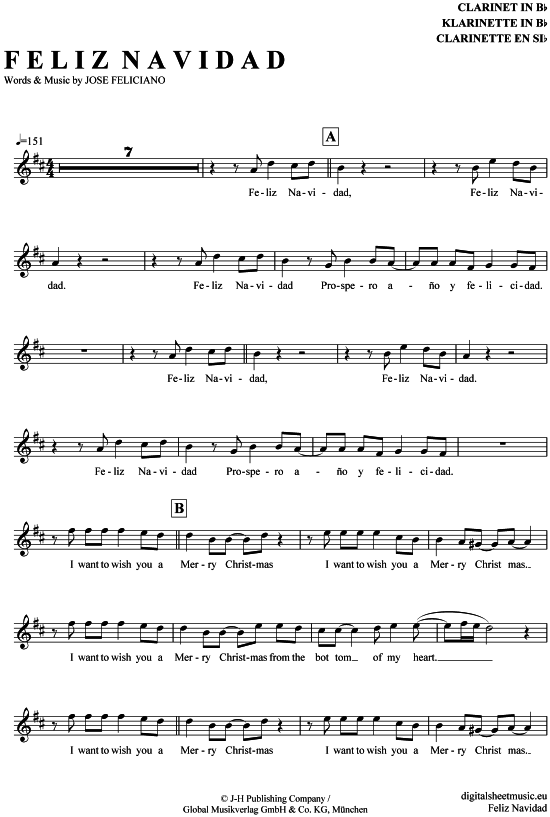 Feliz Navidad (Klarinette in B) (Klarinette) von Jose Feliciano
